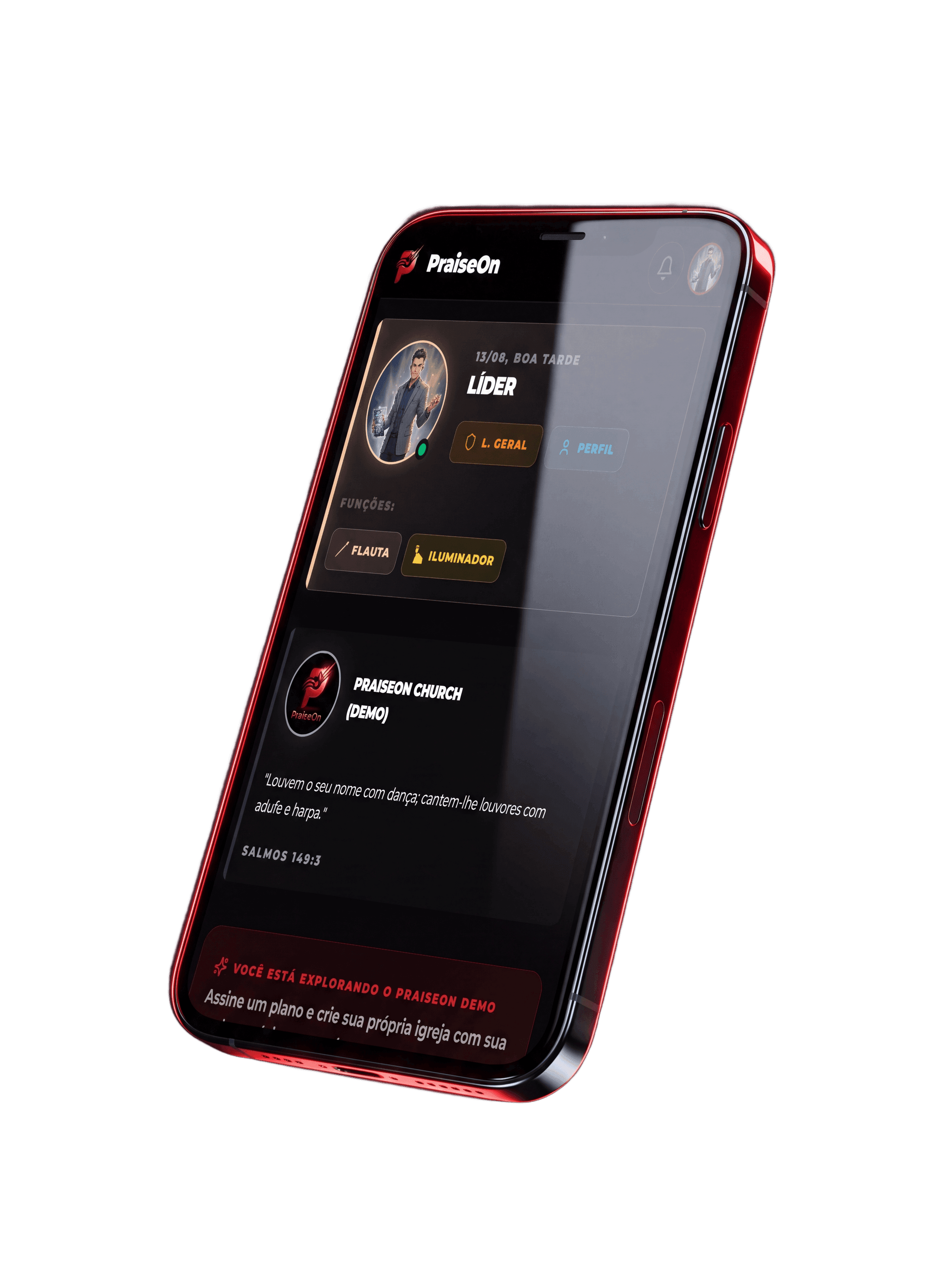 PraiseOn - mockup fotorrealista do app no smartphone